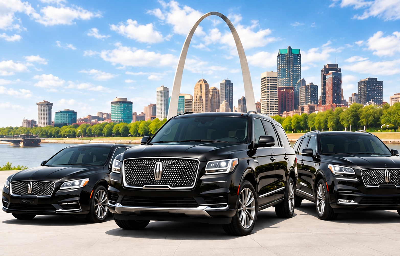 Black luxury vehicles with the St. Louis skyline and Gateway Arch